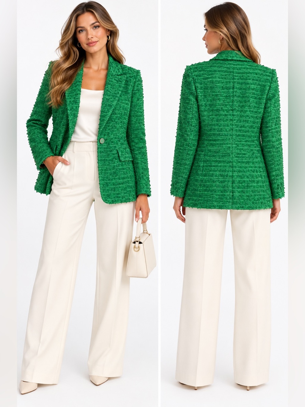Womens Green Textured tweed Blazer Jacket